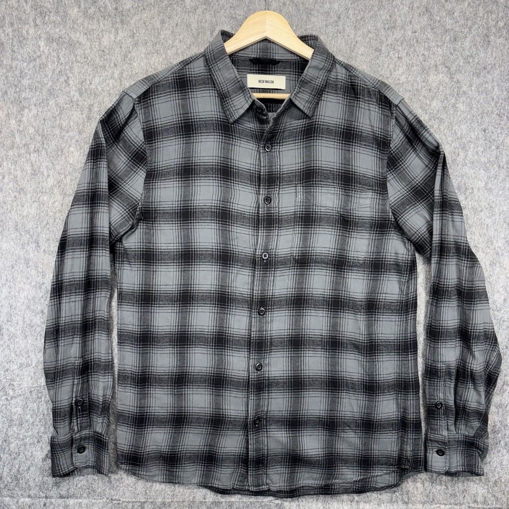 Buck Mason Button Up Shirt Men's Small Plaid Lightweight Flannel Gray Black
